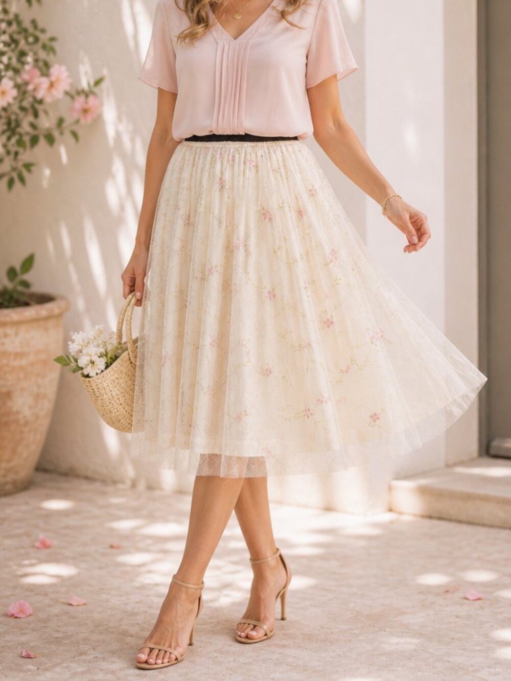 Metrowear Embroidered Tulle Skirt Women’s XL Ivory Floral Overlay